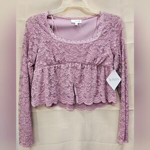 NWT La Pêche Women’s XL Mauve Lace Long Sleeve Peplum Top Floral Crochet